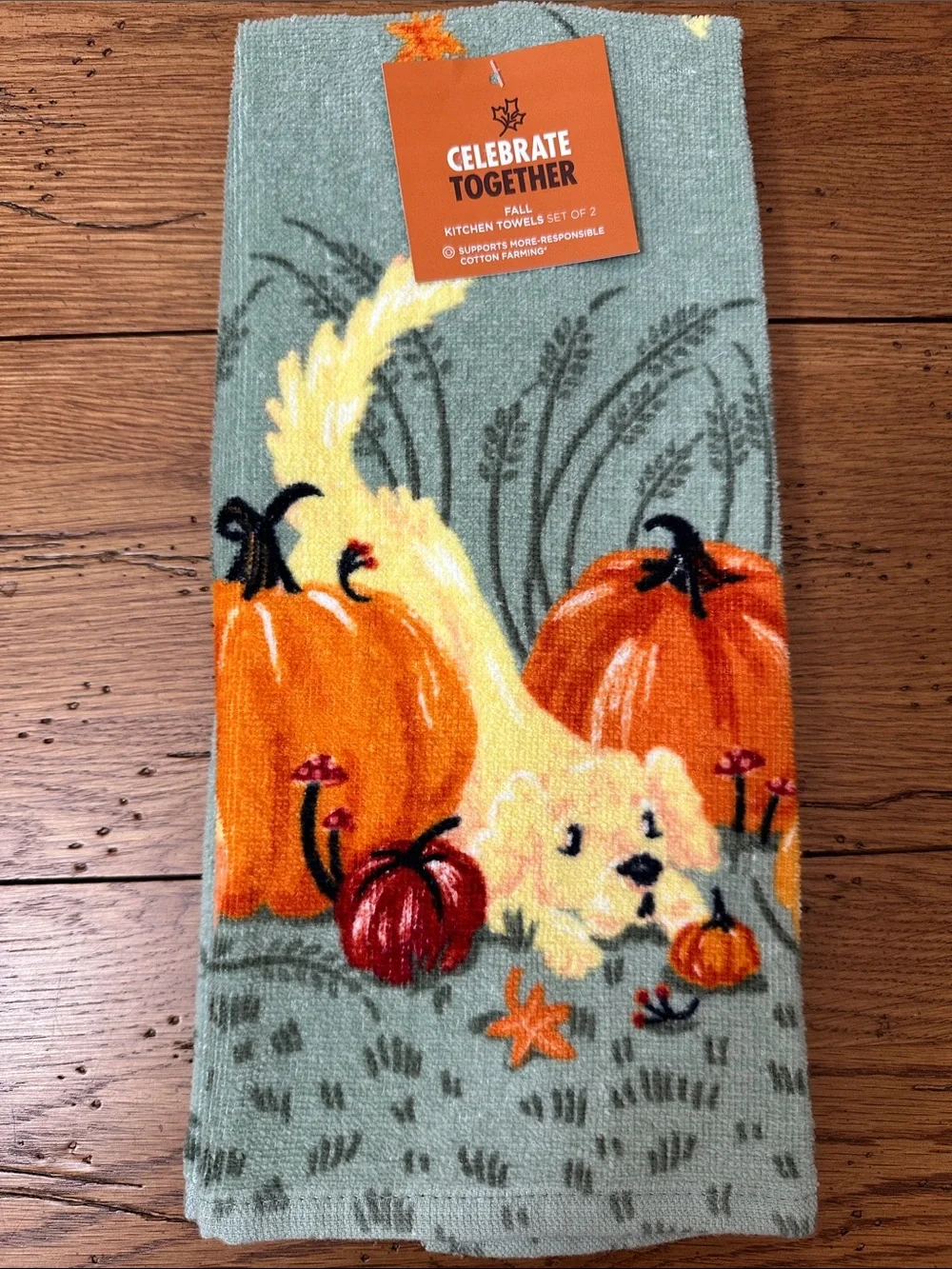 Celebrate Together Fall Kitchen Towels - Dog & Pumpkins - Green and Orange